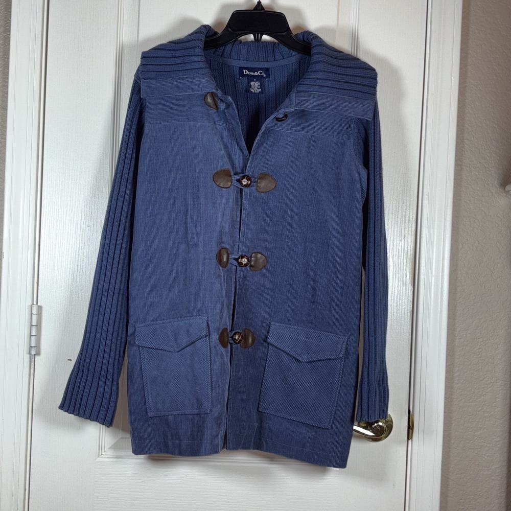 Denim & Co. Women's Sweater Jacket S Blue Corduroy Front Ribbed Sleeves Wide Col